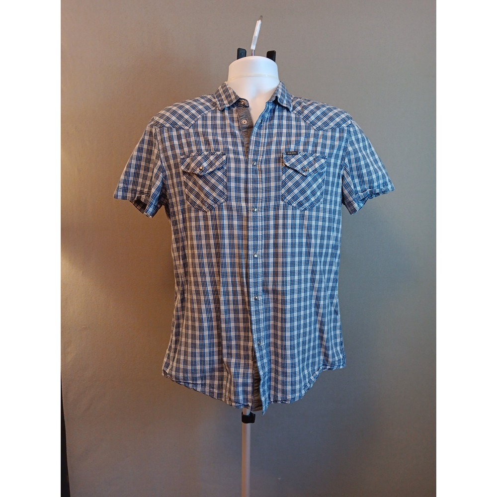 Diesel Men Slim Fit Short Sleeve Cotton Button Up Shirt Blue Flannel Pattern L